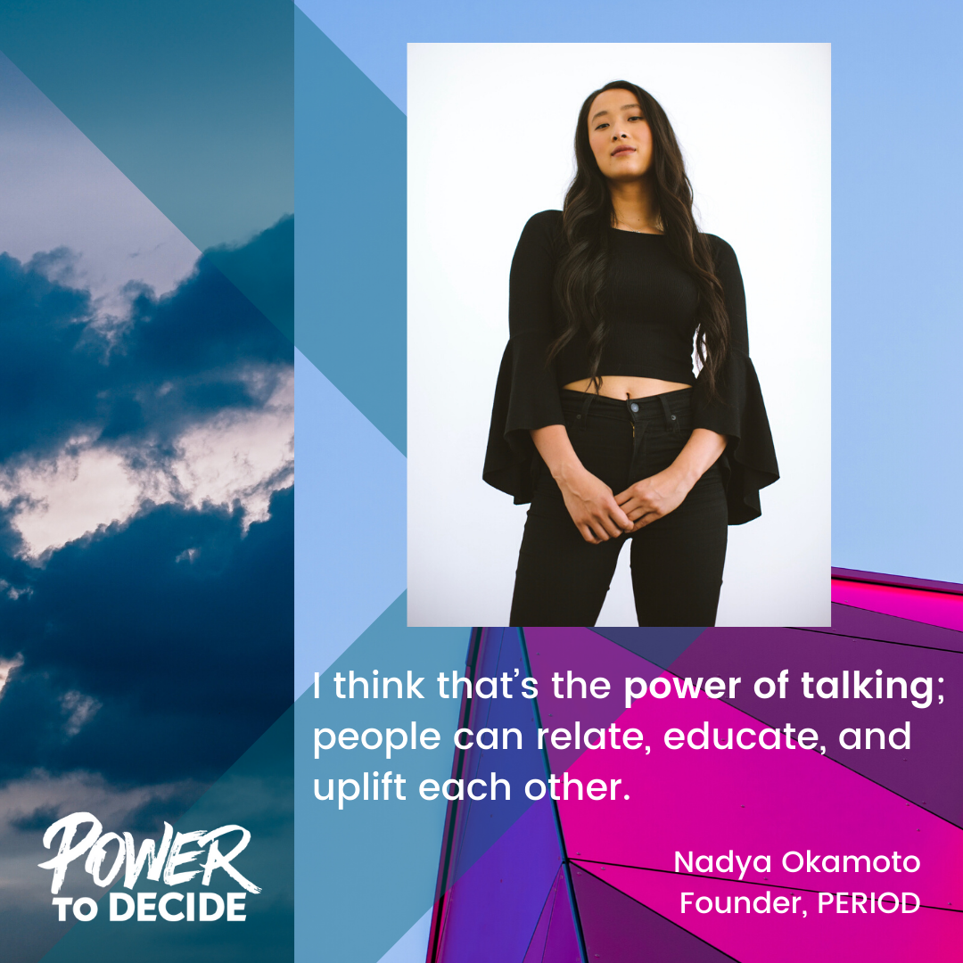 A photo of Okamoto and a quote from the interview, "I think that's the power of talking, people can relate, educate, and uplift each other."