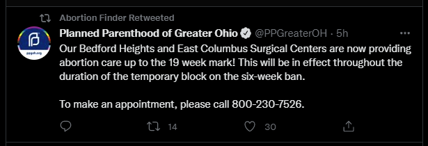 A screenshot of Abortion Finder's Twitter page.