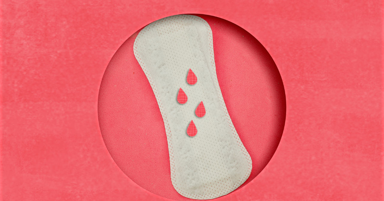 An illustration a white pad with drops of blood on it set in a background of red. 