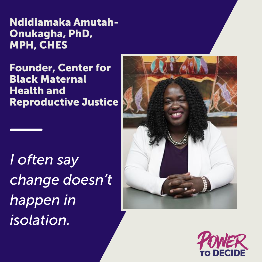 A photo of Amutah-Onukagha and a quote from her interview, "I often say change doesn't happen in isolation." 