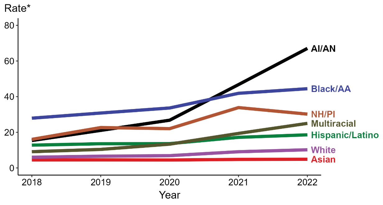 A line graph showing the rate of STIs by year by race/ethnicity. 