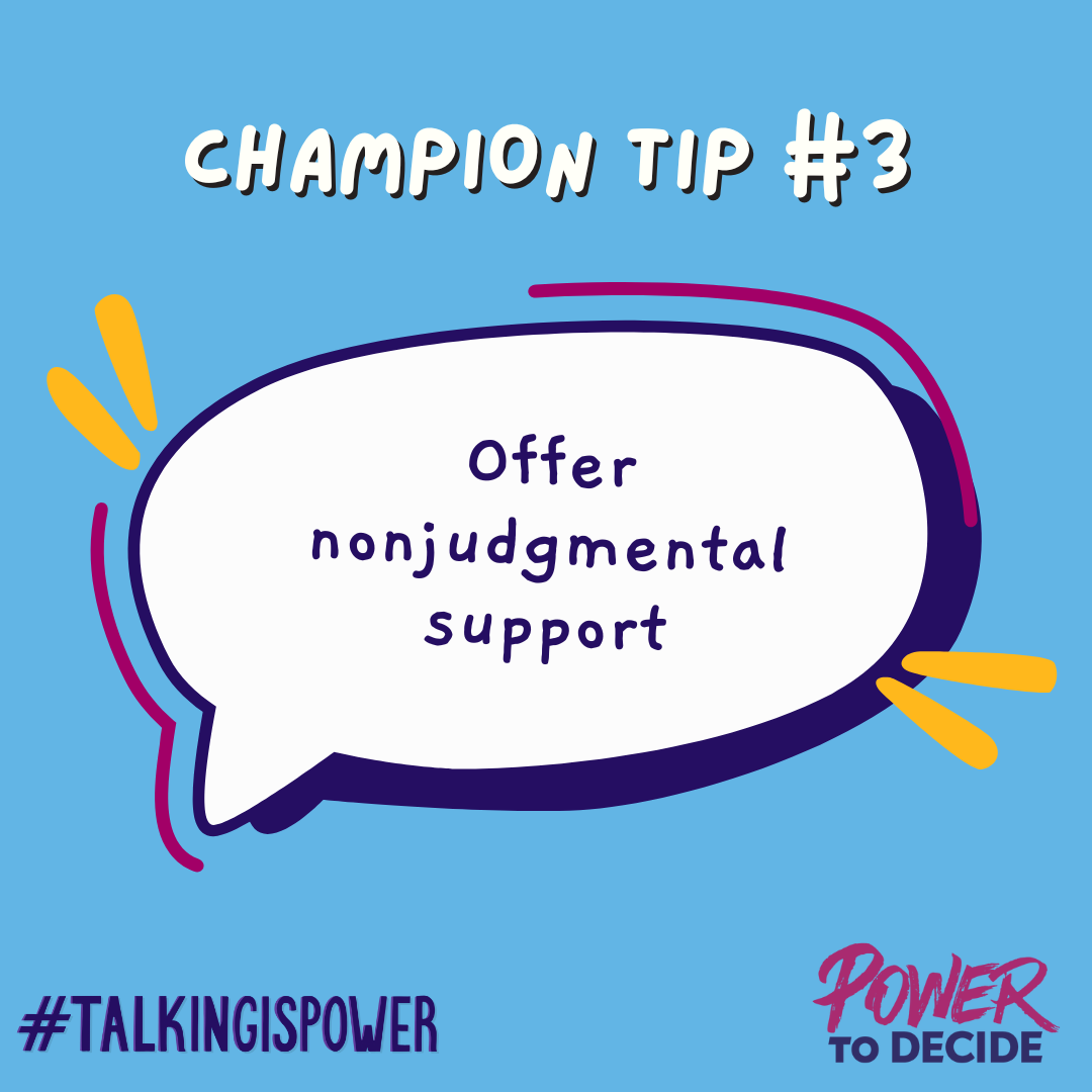 A speech bubble that directs, "Offer nonjudgmental support."