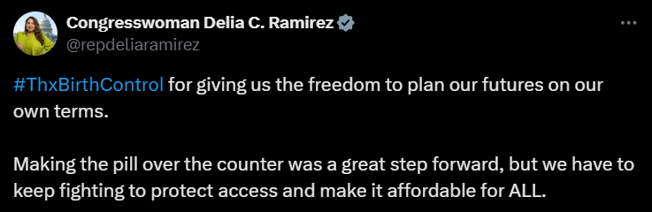 A screenshot of an X post by user @repdeliaramirez saying #ThxBirthControl.