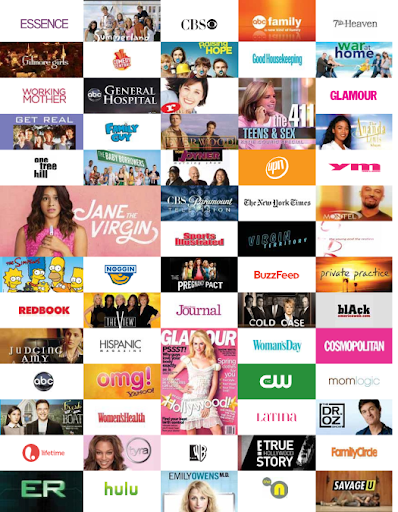 A report cover featuring dozens of entertainment media outlets, TV shows, and movies. 