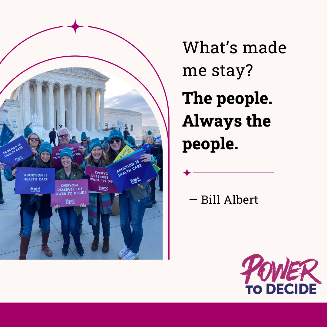 A photo of Bill Albert and a quote from his interview that reads, "What's made me stay? The people, always the people."