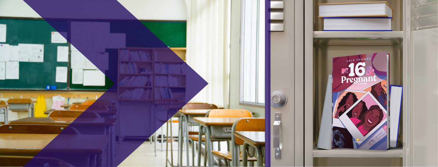 An image of a classroom next to an image of the book 16 & Pregnant sitting in an open locker.