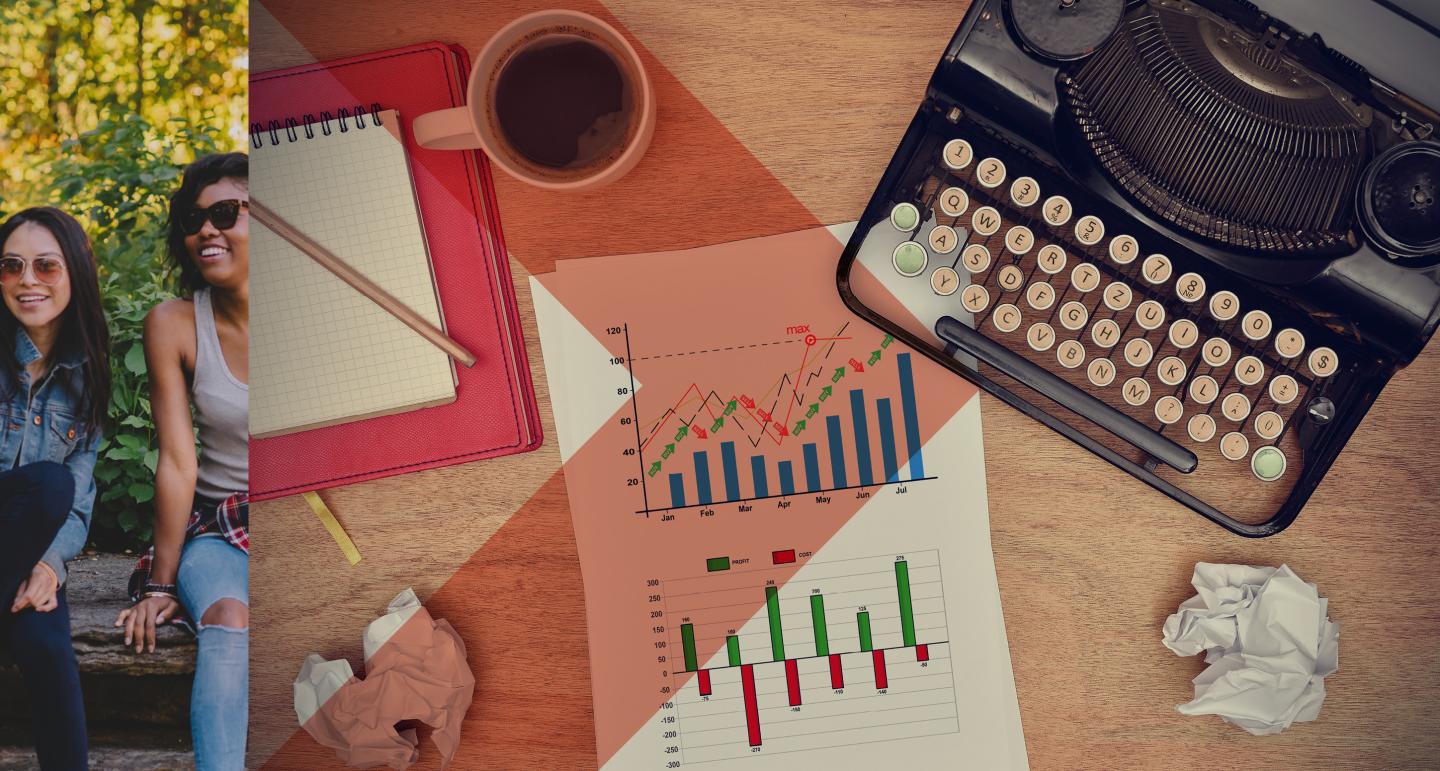 Two women laugh and a photo of a desk with paper and a typewriter on it
