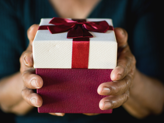 Hands holding a nicely wrapped present. 