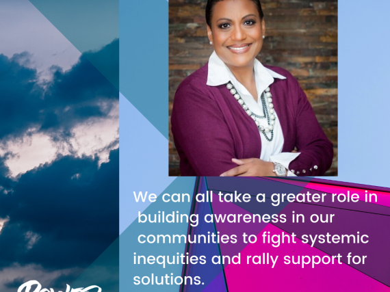 Head shot of Stewart and a quote, "We can all take a greater role in building awareness in our communities to fight systemic inequities and rally support for solutions."