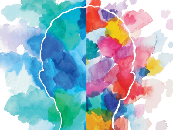 A watercolor image of a human head. One side is painted in blues and greens. The other side is painted in bright reds, yellows, and pinks. 