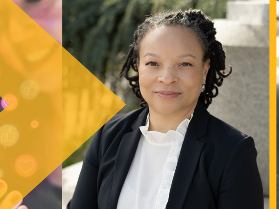 Three images next to one another with a yellow arrow combining them. The first image is of a phone with social media icons floating above. The second and third images are of Dr. Raegan McDonald-Mosley. 