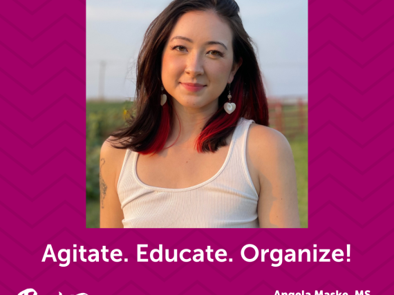 A photo of Maske and a quote from the interview, "Agitate. Educate. Organize!"