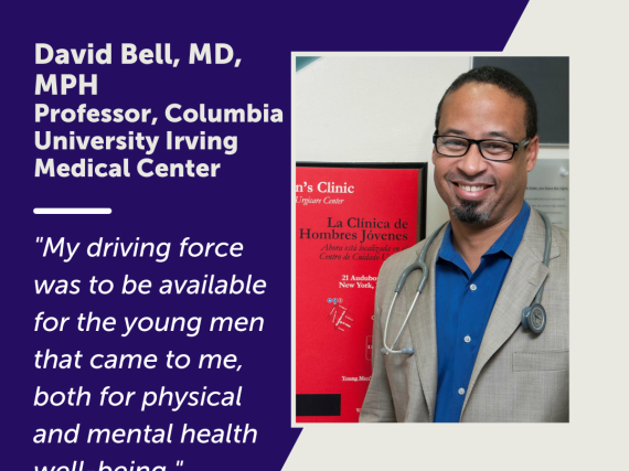 A photo of Bell and a quote from the interview, "My driving force was to be available for the young men that came to me, both for physical and mental health well-being."