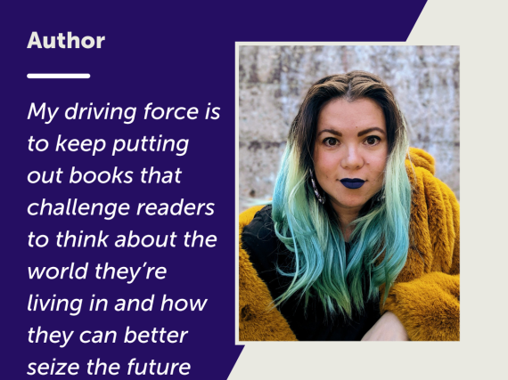 A photo of Gracia and a quote from the interview, "My driving force is to keep putting out books that challenge readers to think about the world they're living in and how they can better seize the future they want."