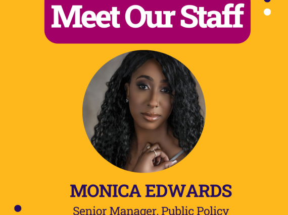 A promo graphic with a photo of Monica Edwards and the text, "Meet our staff: Monica Edwards"