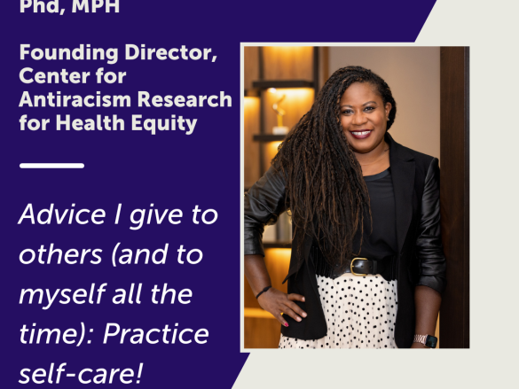 A photo of Rachel Hardeman and a quote from the interview, "Advice I give others (and to myself all the time): Practice self-care!"