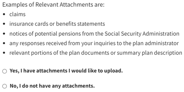 A screenshot of the final section where you can insert attachments related to your claim. 